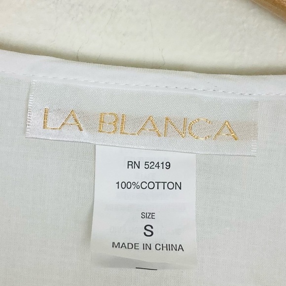 La Blanca white tunic swim cover with blue embroidery at cuffs add split neck. S - Picture 5 of 6